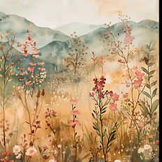Watercolor painting of wildflowers and tall grass in a field with green hills in the background.