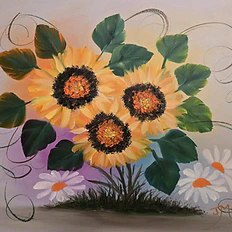 Painting of three sunflowers with green leaves, white daisies, and a pastel background with swirling lines.