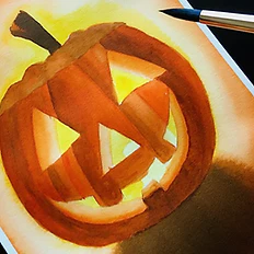 A watercolor painting of a glowing jack-o-lantern with a paintbrush nearby.