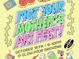 Colorful art fest poster with playful drawings, bold text, and event details for October 16th at a brewery.