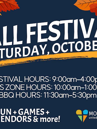 Flyer for Fall Festival on October 3 with hours and activities listed on an autumn-themed background.