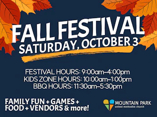 Flyer for Fall Festival on October 3 with hours and activities listed on an autumn-themed background.