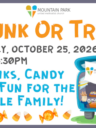 Trunk or Treat event flyer with date, time, and a decorated car trunk full of candy and pumpkins.