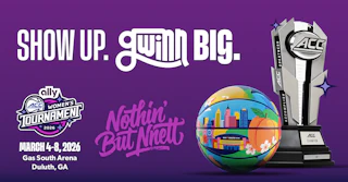 Purple background graphic with words "Show Up. Gwinn Big." Ally ACC Women's Basketball Tournament logo. Dates March 4-8, 2026. Colorful basketball and silver team trophy