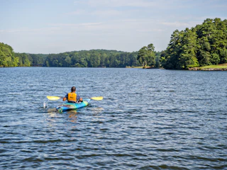 A person paddles a kayak across a serene lake surrounded by lush green trees under a clear blue sky.