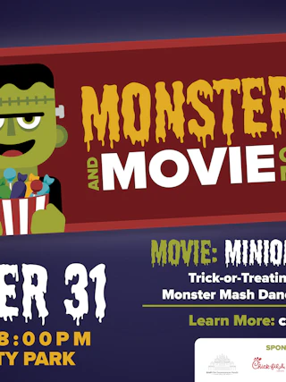 Frankenstein monster holding popcorn; Monsters and Movie on Main event flyer for Oct 31 at Lilburn City Park.