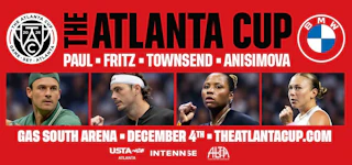 The Atlanta Cup ad featuring four tennis players and event details for December 4 at Gas South Arena.