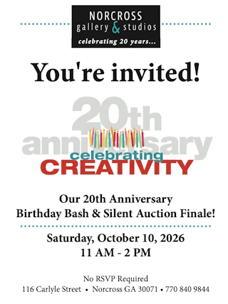 Invitation to Norcross Gallery 20th Anniversary Bash, Oct 10, 2026, 11AM–2PM, 116 Carlyle St, GA.