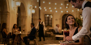 Woman smiles at waiter as he serves her a drink at an elegant, outdoor, string-lit restaurant at night.